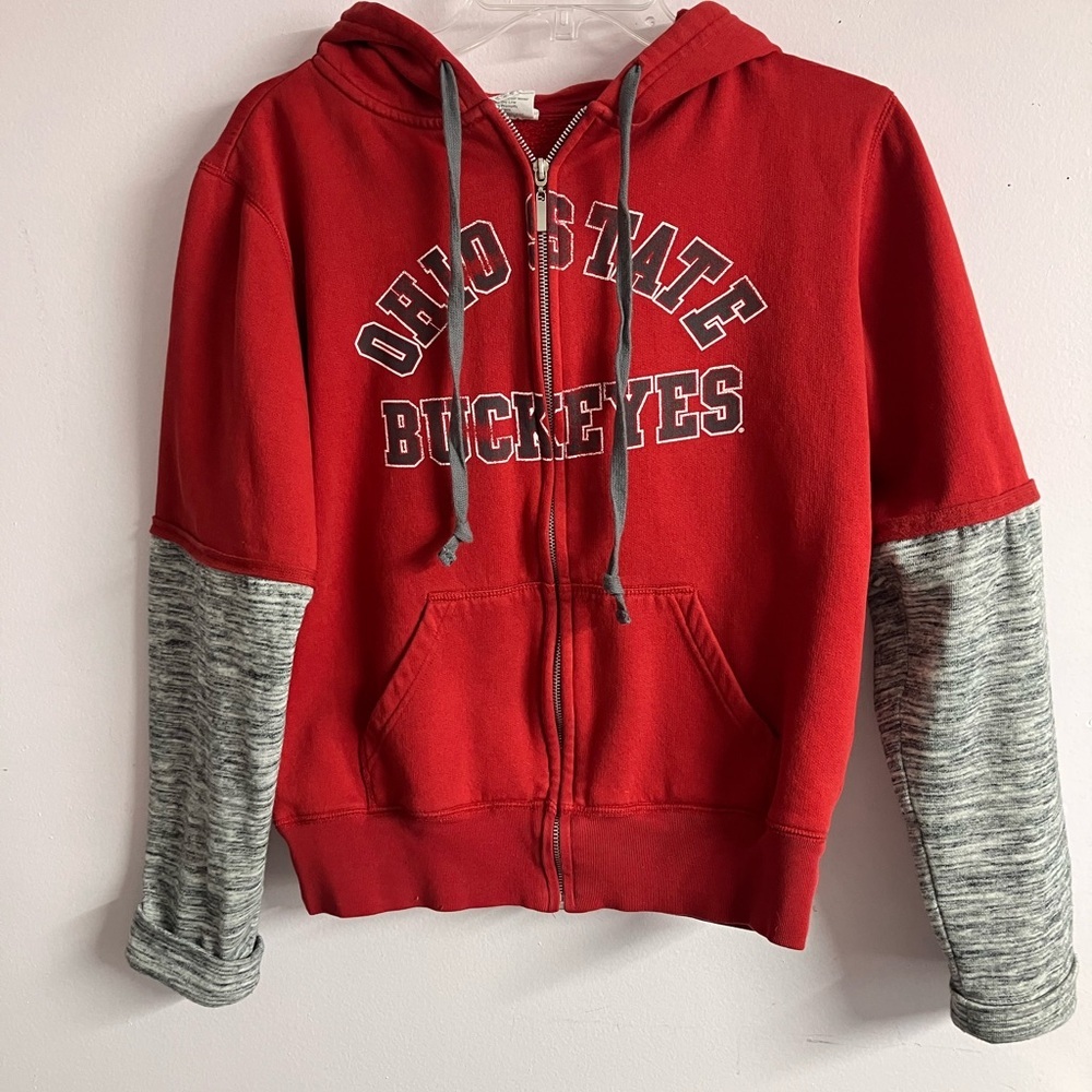 Ohio State Buckeyes Women’s Tie Hoodie, Medium, Red/Gray, Full Front Zipper